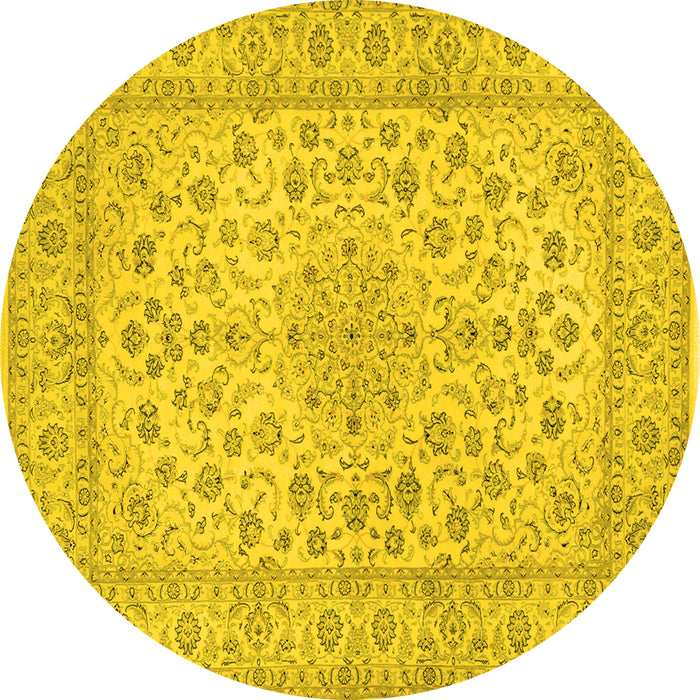 Round Machine Washable Medallion Yellow Traditional Rug, wshtr1988yw