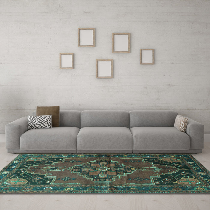 Machine Washable Persian Turquoise Traditional Area Rugs in a Living Room,, wshtr198turq