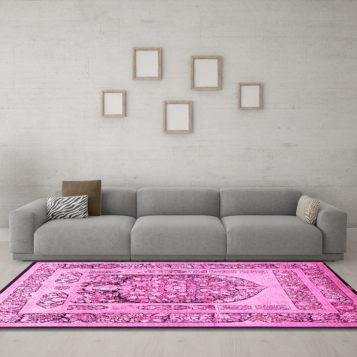 Machine Washable Persian Pink Traditional Rug in a Living Room, wshtr1990pnk