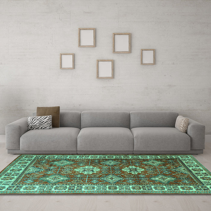 Machine Washable Persian Turquoise Traditional Area Rugs in a Living Room,, wshtr1991turq