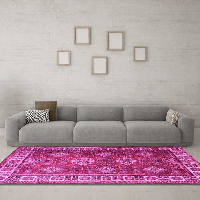 Machine Washable Persian Pink Traditional Rug in a Living Room, wshtr1991pnk