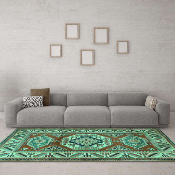 Machine Washable Persian Turquoise Traditional Area Rugs in a Living Room,, wshtr1992turq