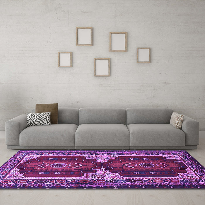 Machine Washable Persian Purple Traditional Area Rugs in a Living Room, wshtr1994pur
