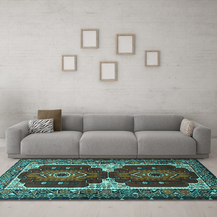 Machine Washable Persian Turquoise Traditional Area Rugs in a Living Room,, wshtr1994turq