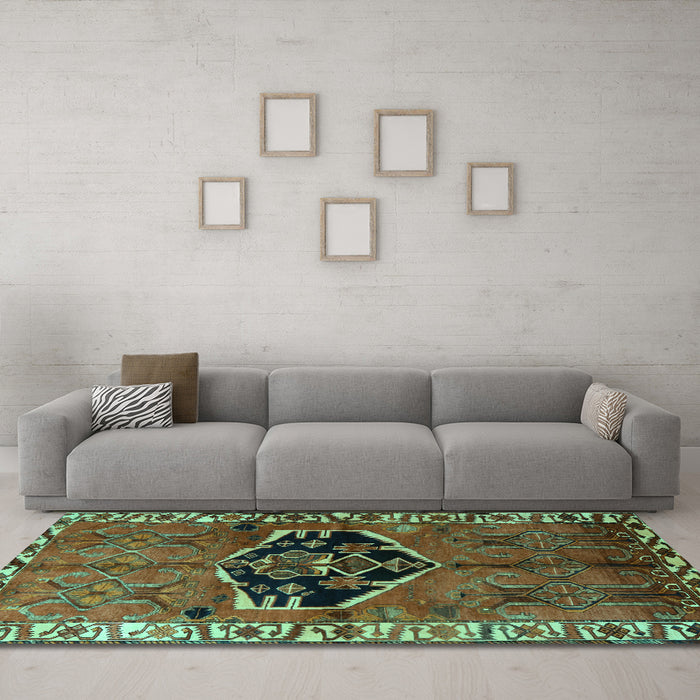 Machine Washable Persian Turquoise Traditional Area Rugs in a Living Room,, wshtr1997turq