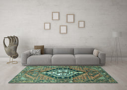Machine Washable Persian Turquoise Traditional Area Rugs in a Living Room,, wshtr199turq