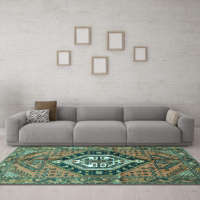 Machine Washable Persian Turquoise Traditional Area Rugs in a Living Room,, wshtr199turq