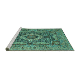 Sideview of Machine Washable Medallion Turquoise Traditional Area Rugs, wshtr19turq