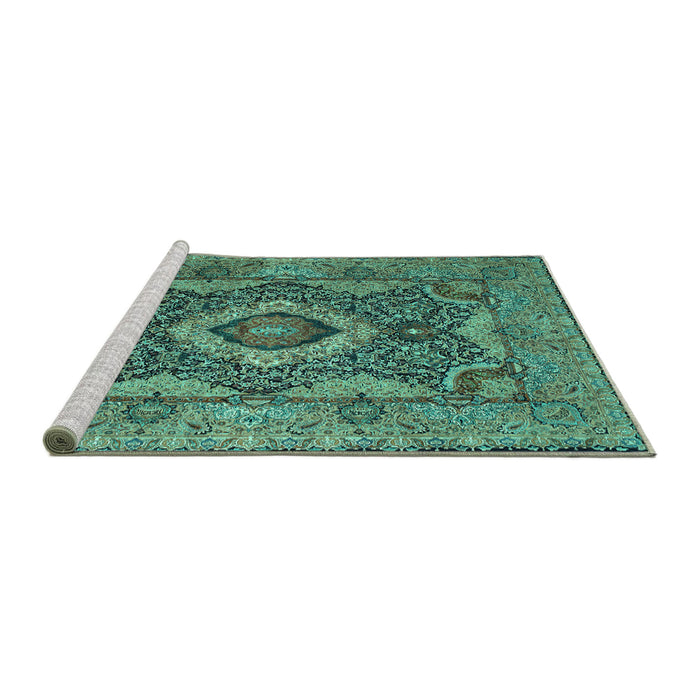 Sideview of Machine Washable Medallion Turquoise Traditional Area Rugs, wshtr19turq