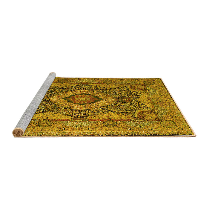 Sideview of Machine Washable Medallion Yellow Traditional Rug, wshtr19yw