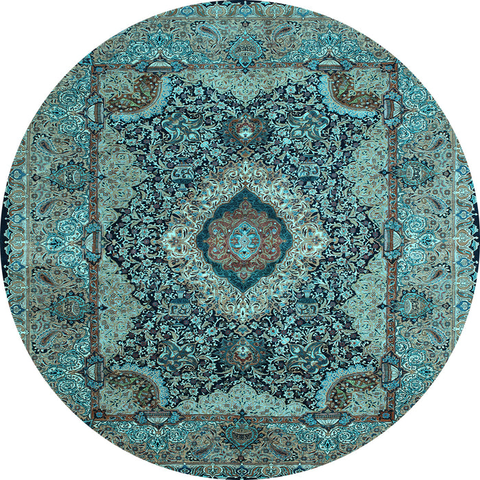 Round Machine Washable Medallion Light Blue Traditional Rug, wshtr19lblu
