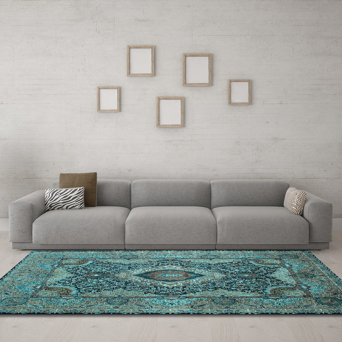 Machine Washable Medallion Light Blue Traditional Rug in a Living Room, wshtr19lblu