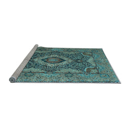 Sideview of Machine Washable Medallion Light Blue Traditional Rug, wshtr19lblu