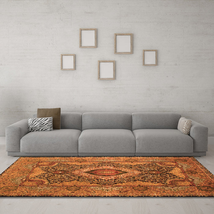 Machine Washable Medallion Orange Traditional Area Rugs in a Living Room, wshtr19org