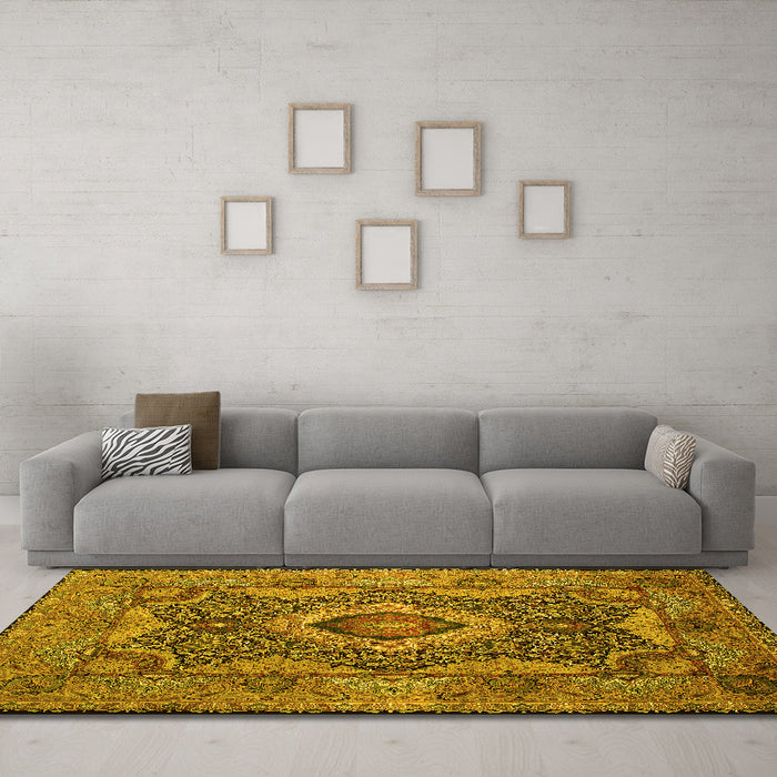 Machine Washable Medallion Yellow Traditional Rug in a Living Room, wshtr19yw