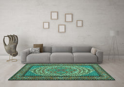 Machine Washable Persian Turquoise Traditional Area Rugs in a Living Room,, wshtr1turq