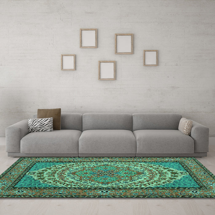 Machine Washable Persian Turquoise Traditional Area Rugs in a Living Room,, wshtr1turq