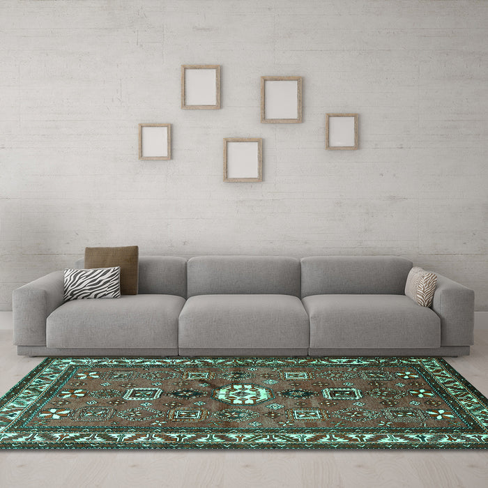 Machine Washable Persian Turquoise Traditional Area Rugs in a Living Room,, wshtr2000turq