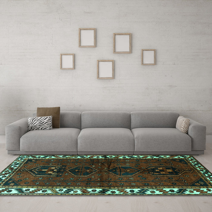 Machine Washable Persian Turquoise Traditional Area Rugs in a Living Room,, wshtr2002turq