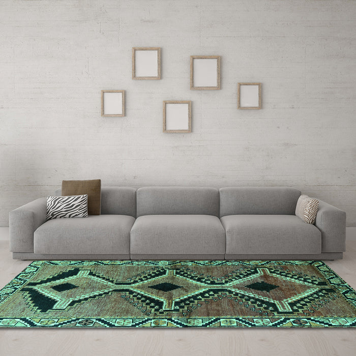 Machine Washable Southwestern Turquoise Country Area Rugs in a Living Room,, wshtr2003turq