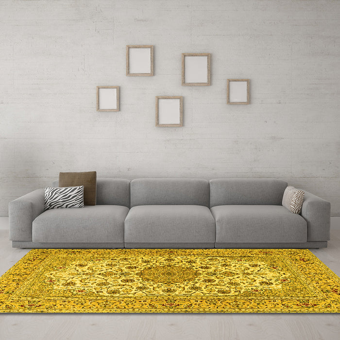 Machine Washable Persian Yellow Traditional Rug in a Living Room, wshtr2004yw