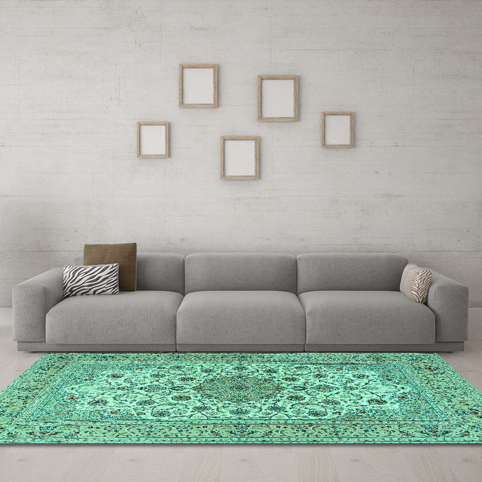 Machine Washable Persian Turquoise Traditional Area Rugs in a Living Room,, wshtr2004turq