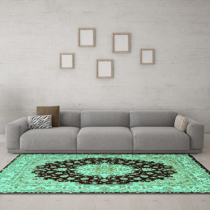 Machine Washable Persian Turquoise Traditional Area Rugs in a Living Room,, wshtr2005turq