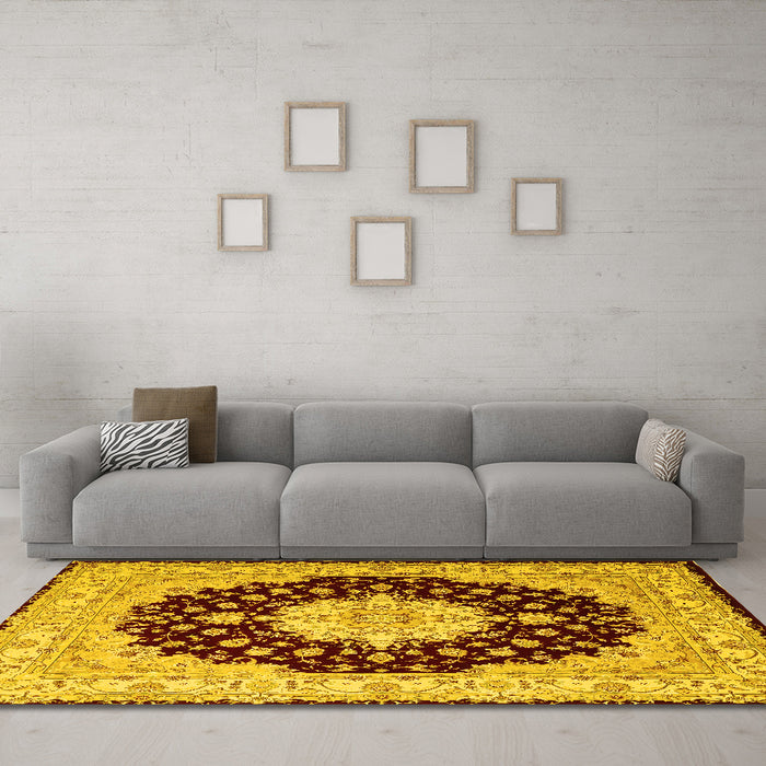 Machine Washable Persian Yellow Traditional Rug in a Living Room, wshtr2005yw