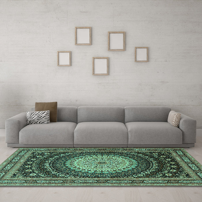 Machine Washable Persian Turquoise Traditional Area Rugs in a Living Room,, wshtr2006turq
