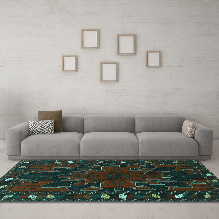 Machine Washable Persian Turquoise Traditional Area Rugs in a Living Room,, wshtr2008turq