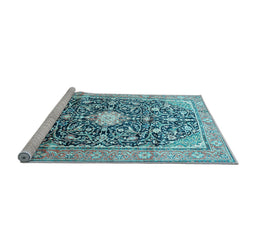 Sideview of Machine Washable Medallion Light Blue Traditional Rug, wshtr200lblu