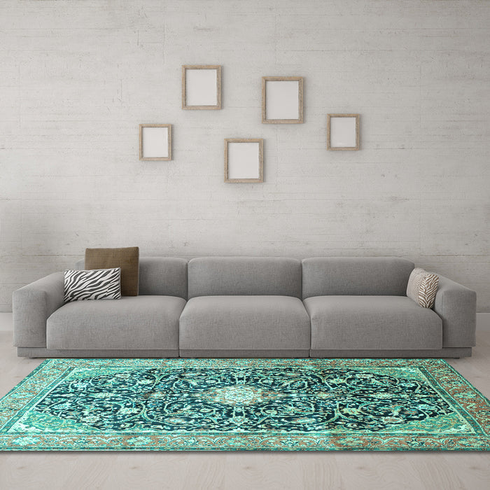 Machine Washable Medallion Turquoise Traditional Area Rugs in a Living Room,, wshtr200turq