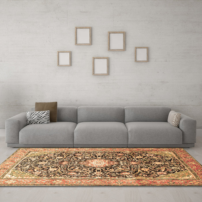 Machine Washable Medallion Brown Traditional Rug in a Living Room,, wshtr200brn