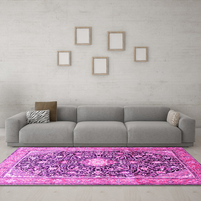 Machine Washable Medallion Pink Traditional Rug in a Living Room, wshtr200pnk