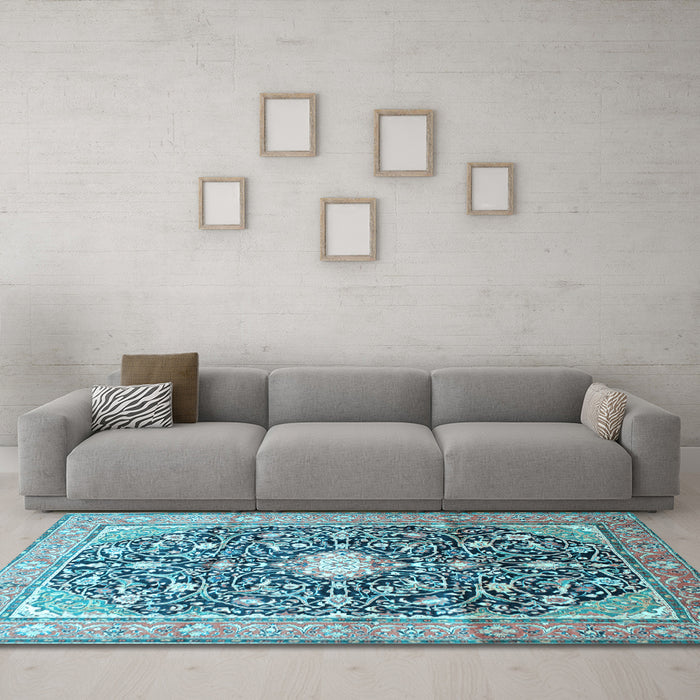 Machine Washable Medallion Light Blue Traditional Rug in a Living Room, wshtr200lblu