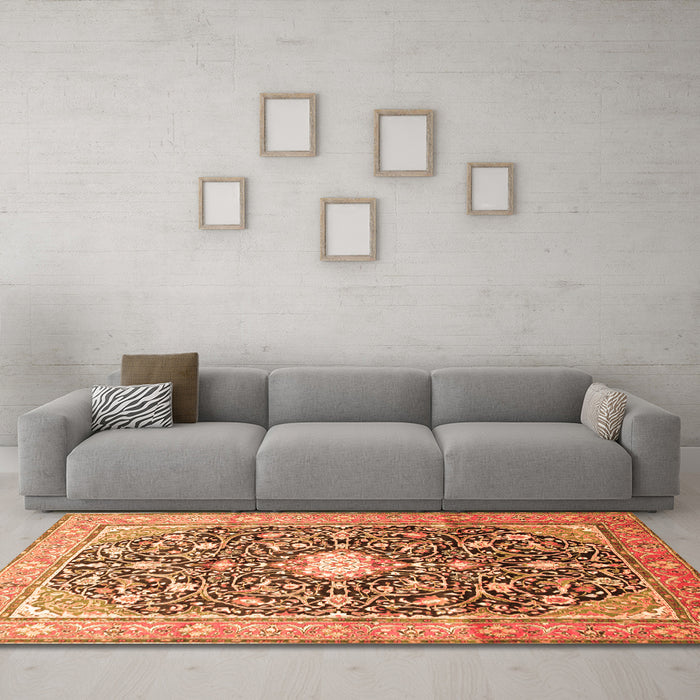 Machine Washable Medallion Orange Traditional Area Rugs in a Living Room, wshtr200org