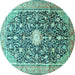 Round Machine Washable Medallion Turquoise Traditional Area Rugs, wshtr200turq