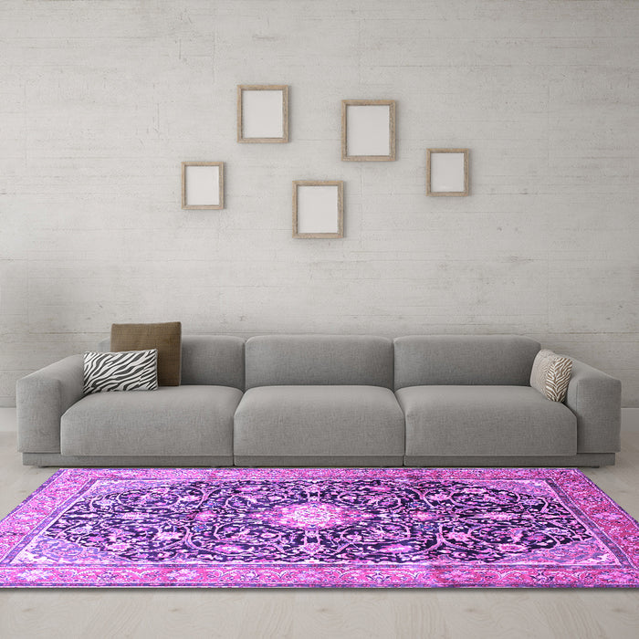 Machine Washable Medallion Purple Traditional Area Rugs in a Living Room, wshtr200pur