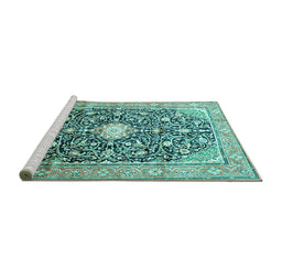 Sideview of Machine Washable Medallion Turquoise Traditional Area Rugs, wshtr200turq