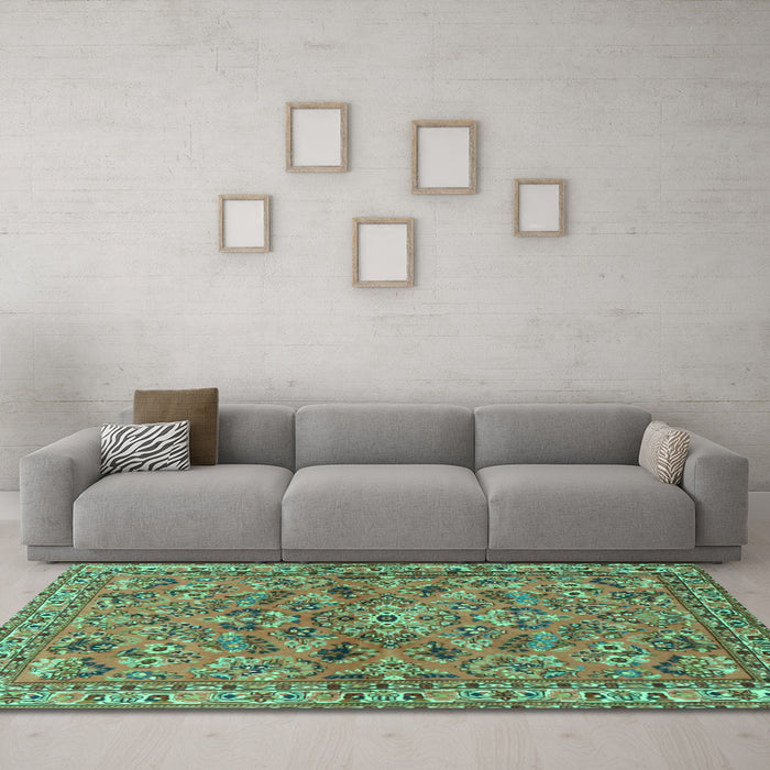 Machine Washable Persian Turquoise Traditional Area Rugs in a Living Room,, wshtr2011turq