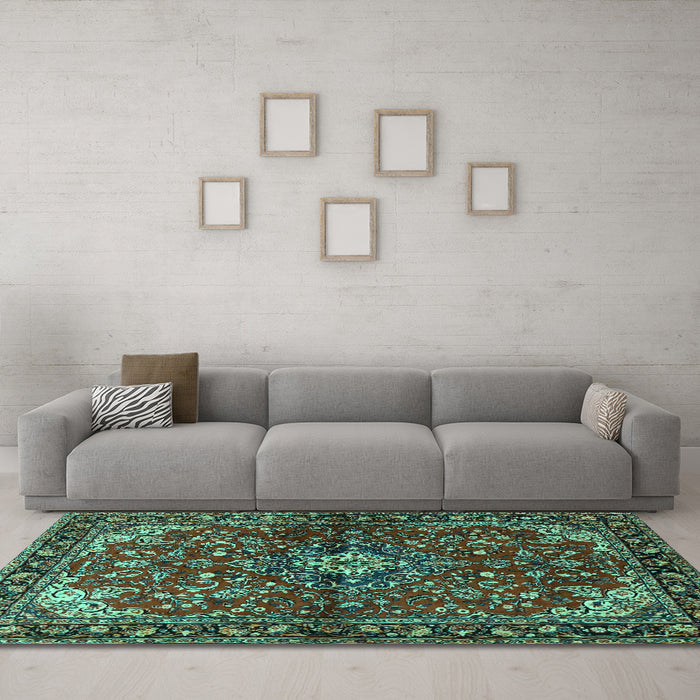 Machine Washable Persian Turquoise Traditional Area Rugs in a Living Room,, wshtr2017turq