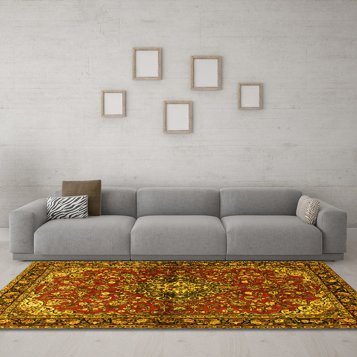 Machine Washable Persian Yellow Traditional Rug in a Living Room, wshtr2017yw