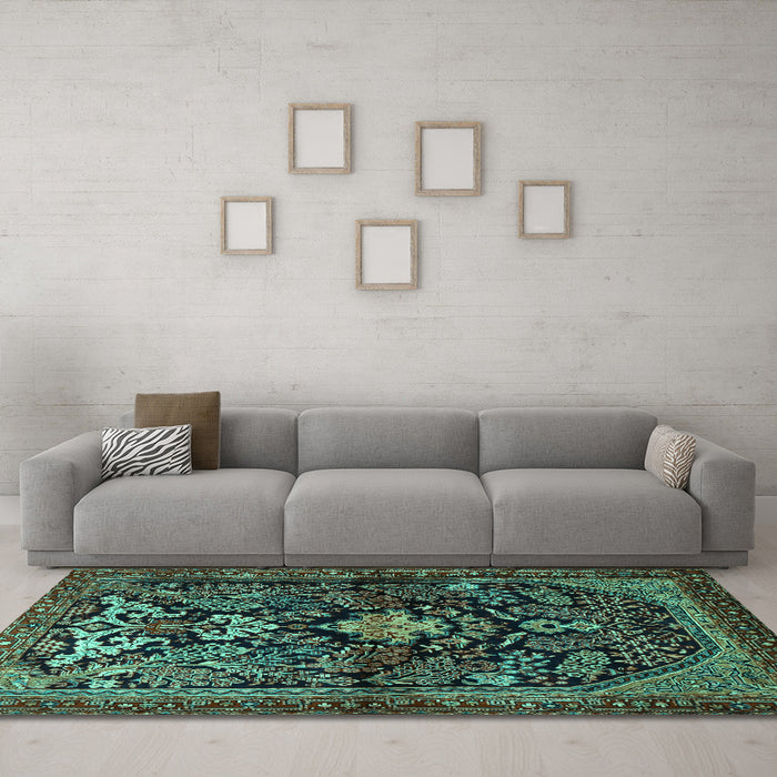 Machine Washable Persian Turquoise Traditional Area Rugs in a Living Room,, wshtr2018turq