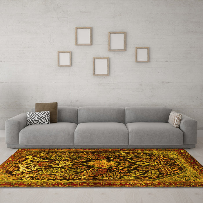 Machine Washable Persian Yellow Traditional Rug in a Living Room, wshtr2018yw