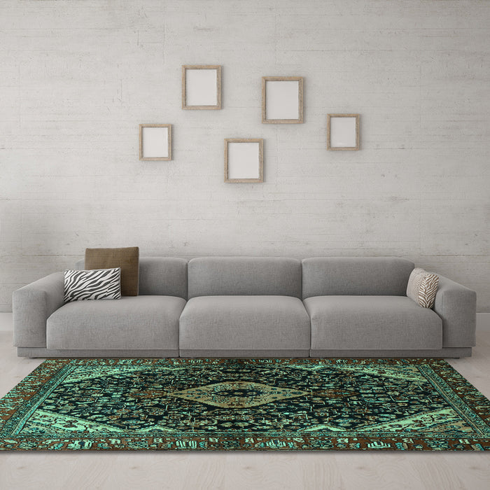 Machine Washable Persian Turquoise Traditional Area Rugs in a Living Room,, wshtr2019turq
