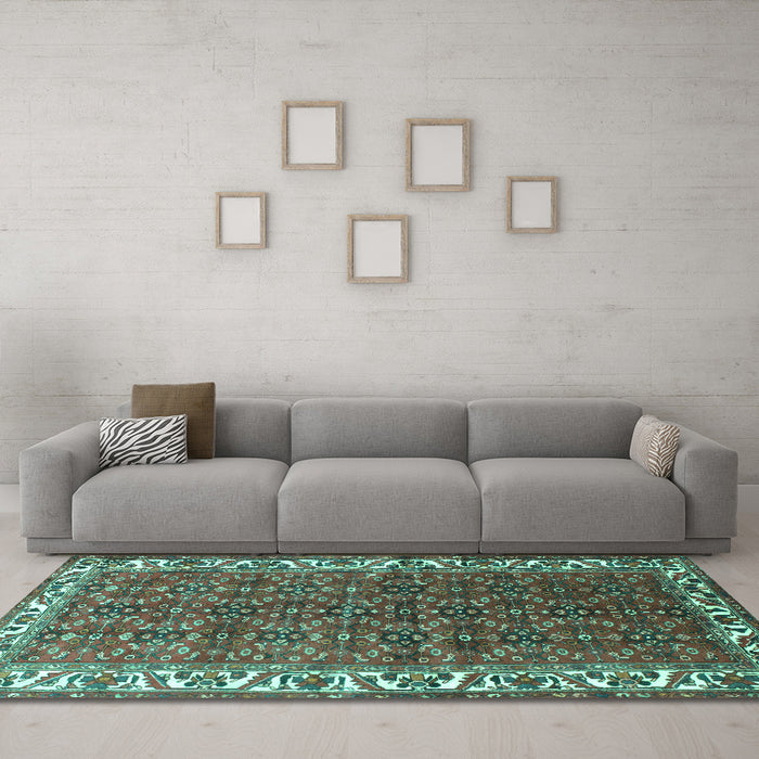 Machine Washable Persian Turquoise Traditional Area Rugs in a Living Room,, wshtr201turq
