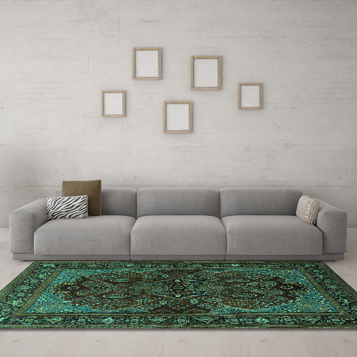 Machine Washable Persian Turquoise Traditional Area Rugs in a Living Room,, wshtr2020turq
