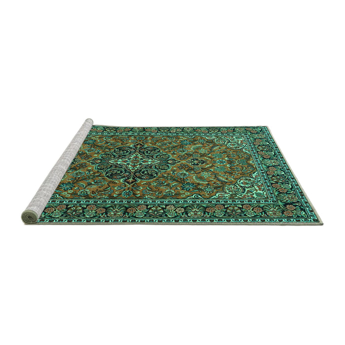 Sideview of Machine Washable Persian Turquoise Traditional Area Rugs, wshtr2021turq