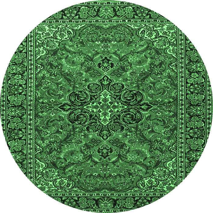 Round Machine Washable Persian Emerald Green Traditional Area Rugs, wshtr2021emgrn