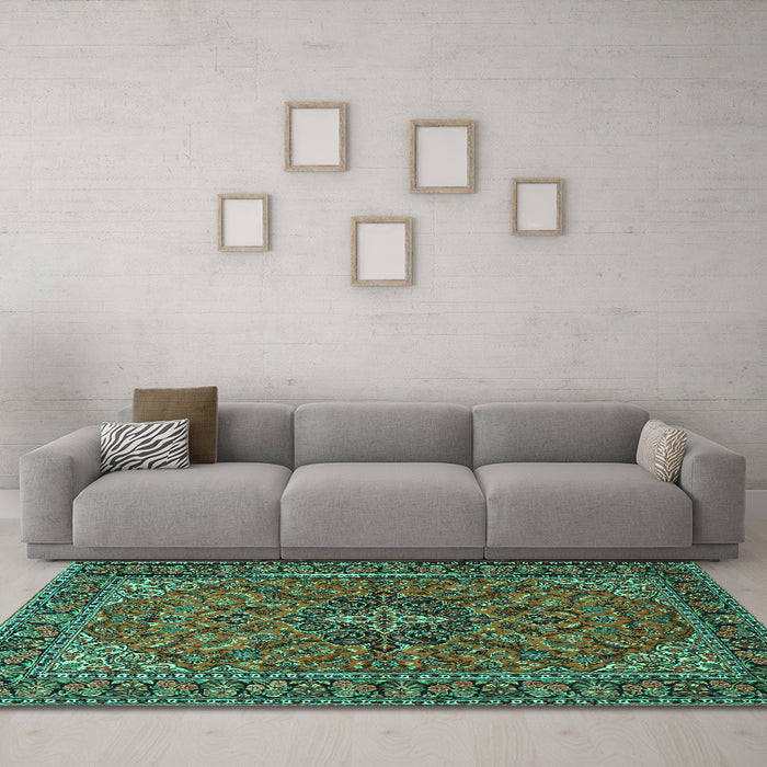 Machine Washable Persian Turquoise Traditional Area Rugs in a Living Room,, wshtr2021turq